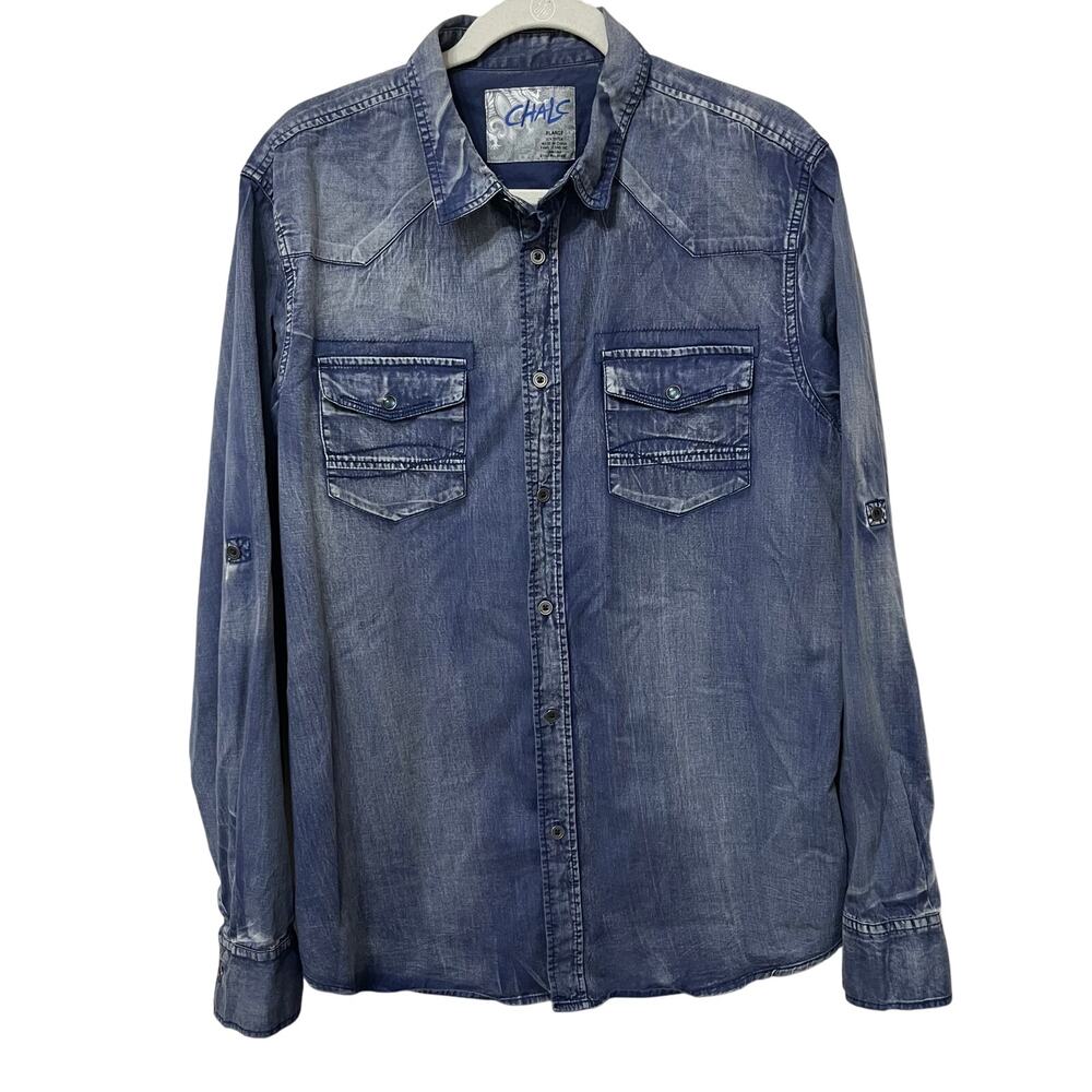Chalc Men's Western Shirt Sz XL Distressed Chambray Blue‎ Roll Tab Sleeves